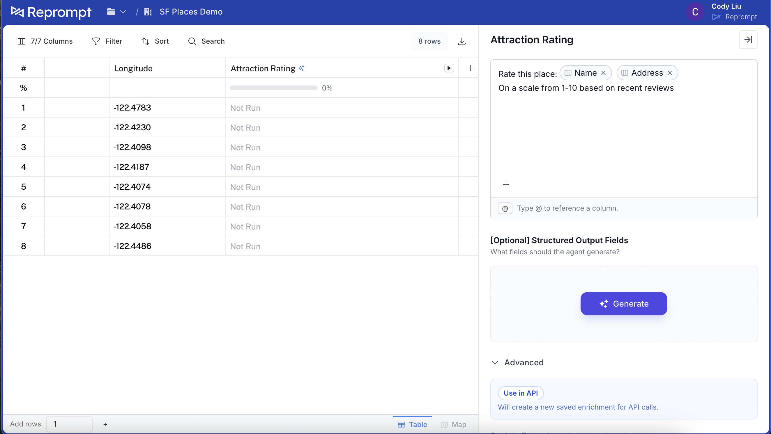 Advanced settings with the Use in API button