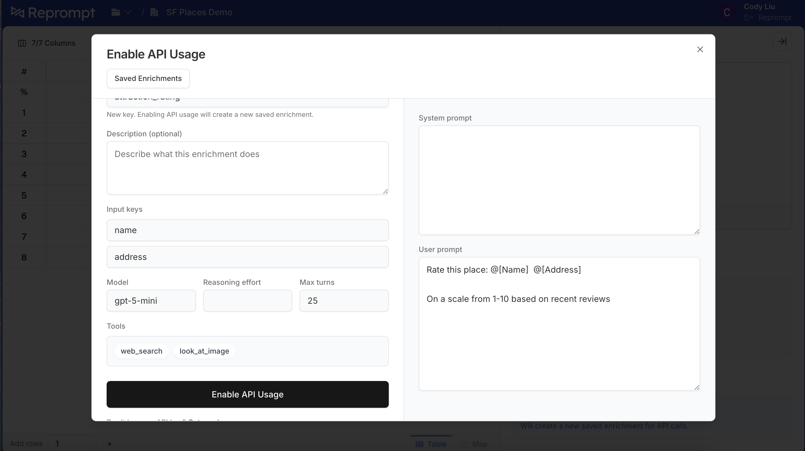 Enable API usage button