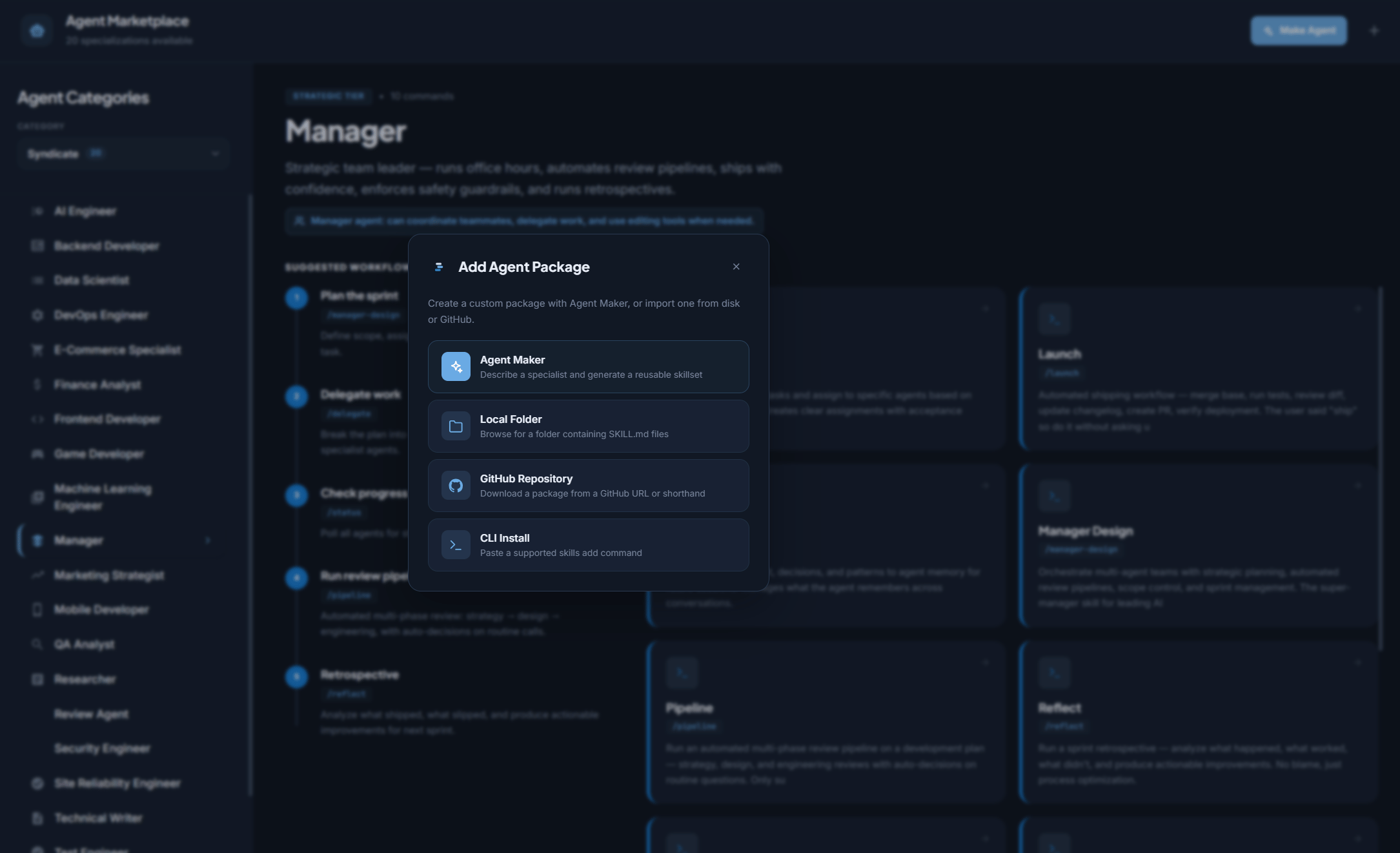 The Add Agent Package modal with its four install methods