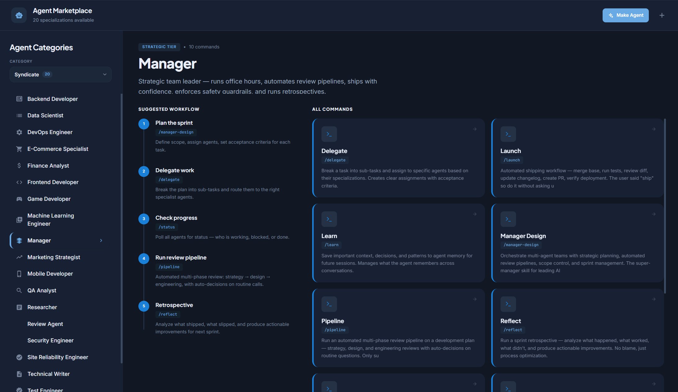 The Manager specialization page with its suggested workflow and command set