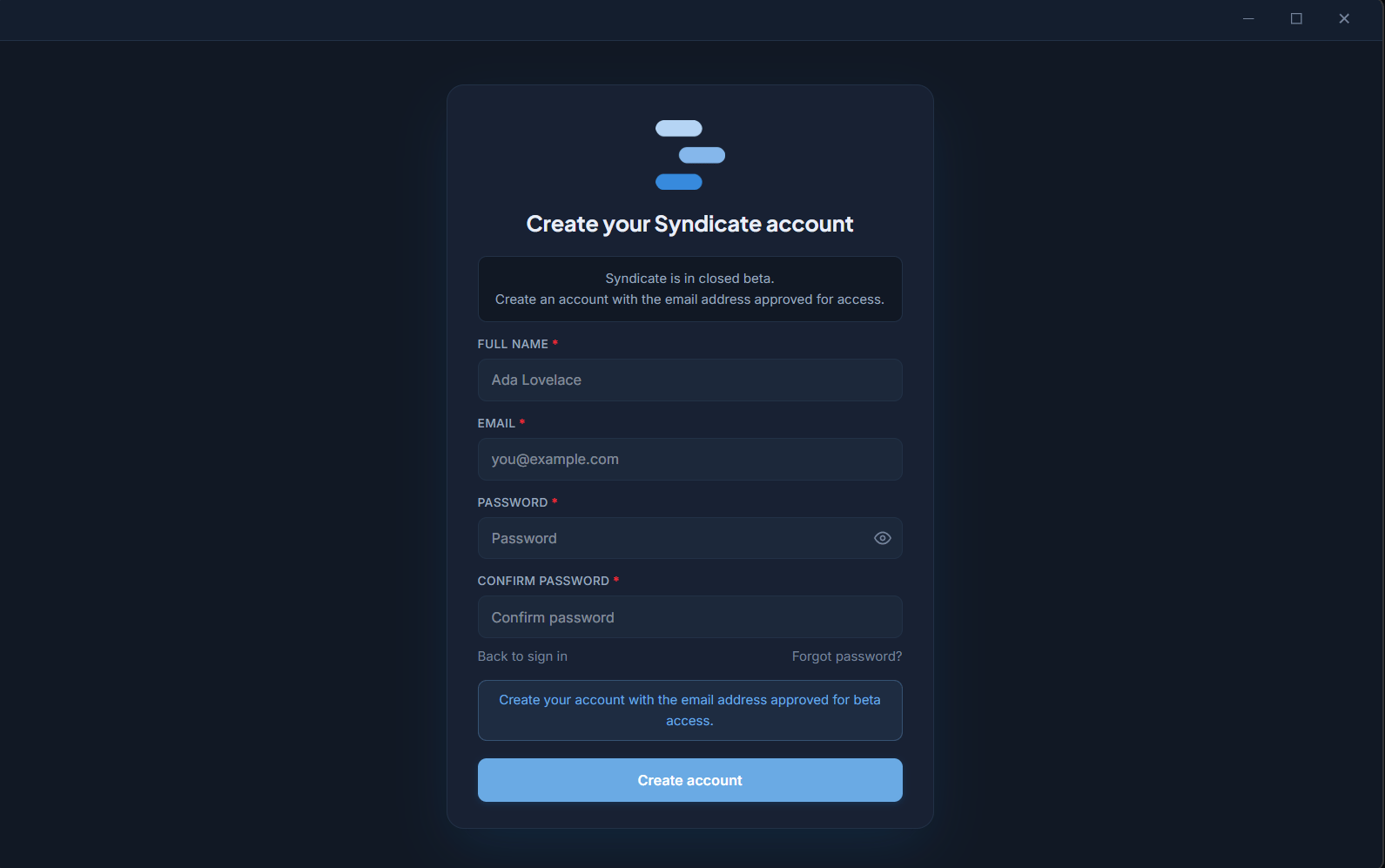 The Create your Syndicate account screen with full name, email, and password fields