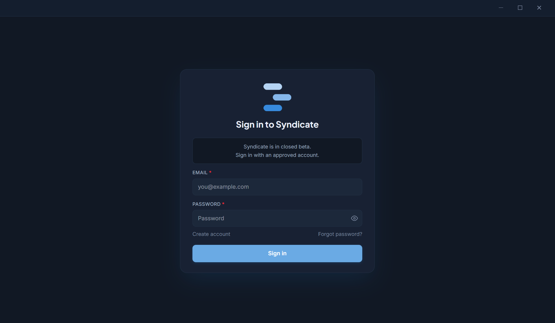 The Sign in to Syndicate screen with email and password fields