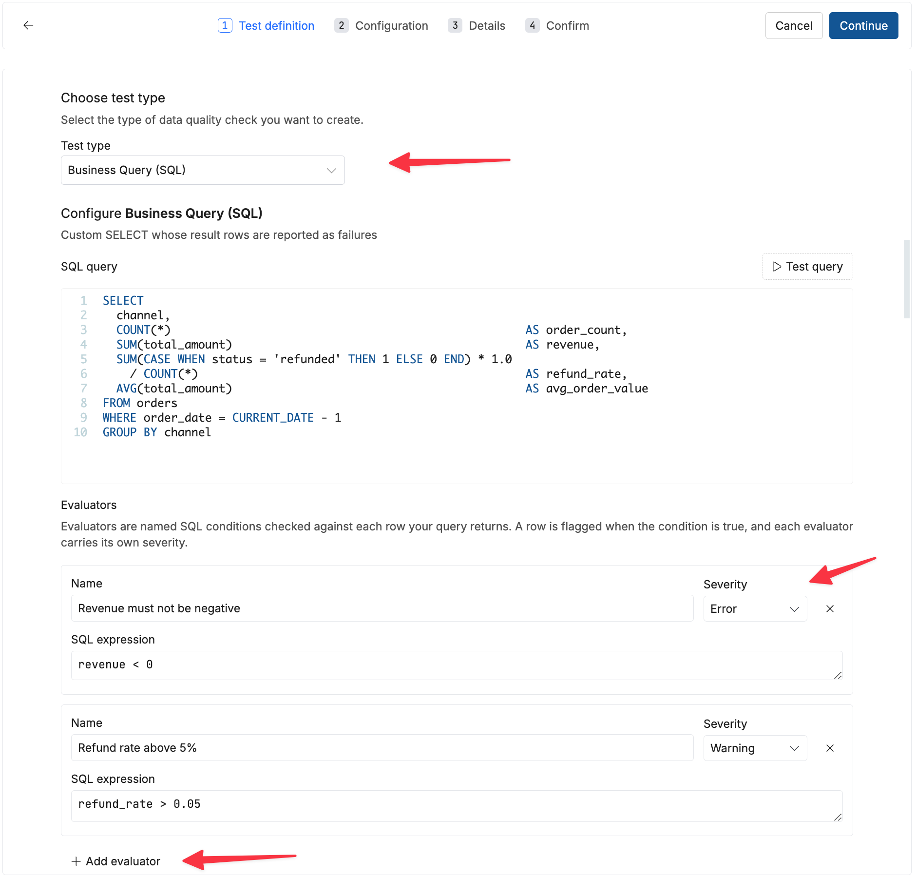 Creating a business query SQL test, with two evaluators configured below the query