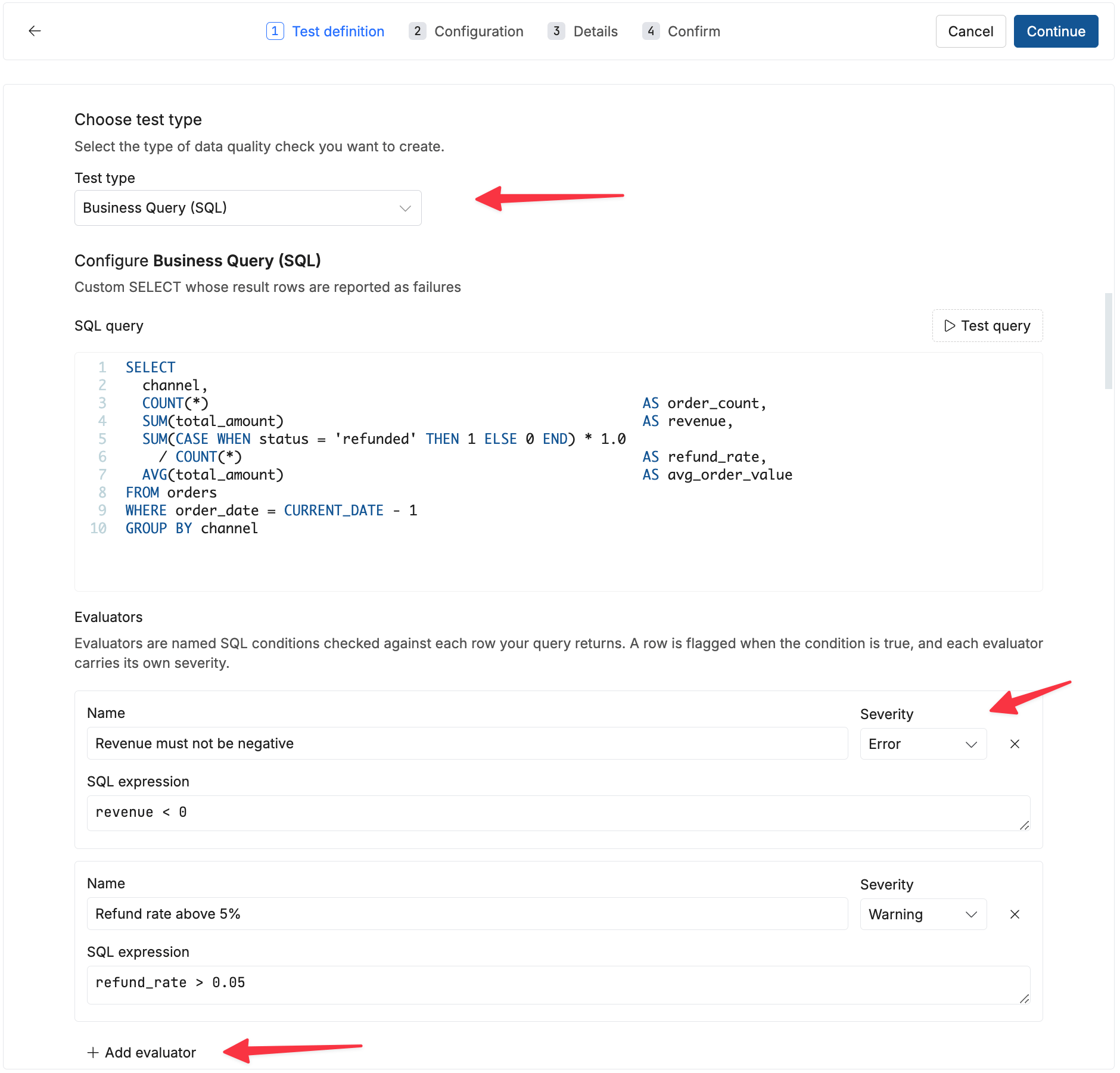 Creating a business query SQL test, with two evaluators configured below the query
