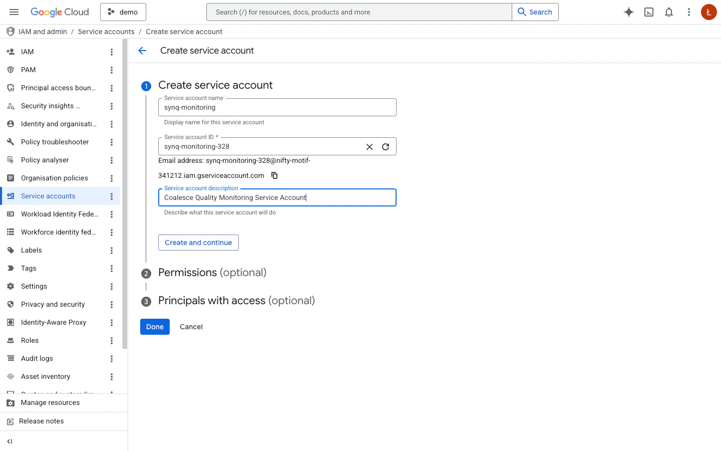 Create service account