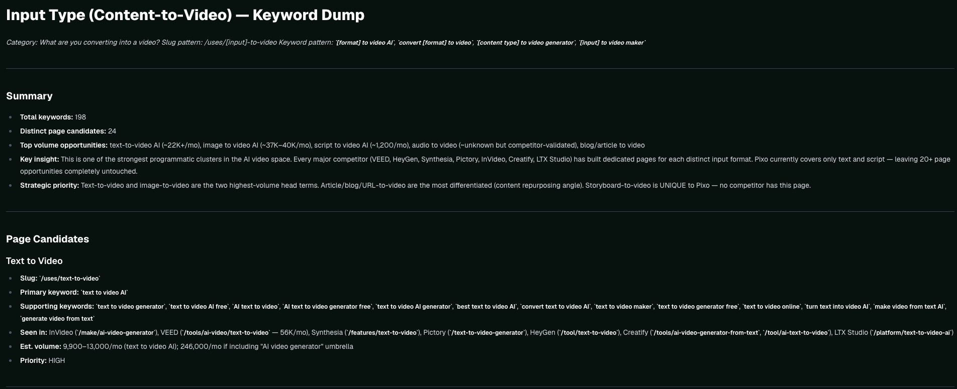 A single keyword-dump file for the input-type category, showing a summary, page candidates with primary and supporting keywords, which competitors run each page, estimated volume, and priority.