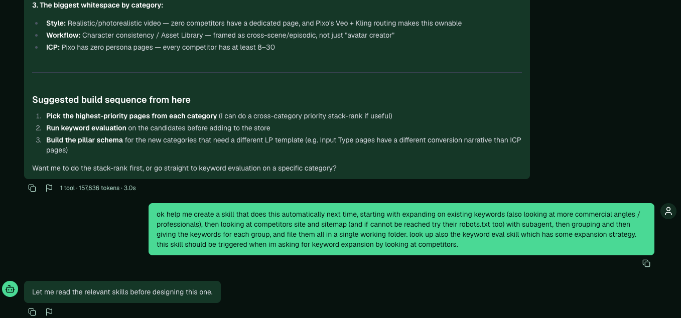 A chat message asking Pi to create a skill that repeats a competitor keyword-expansion workflow, listing the steps and the trigger, with Pi replying that it will read the relevant skills first.