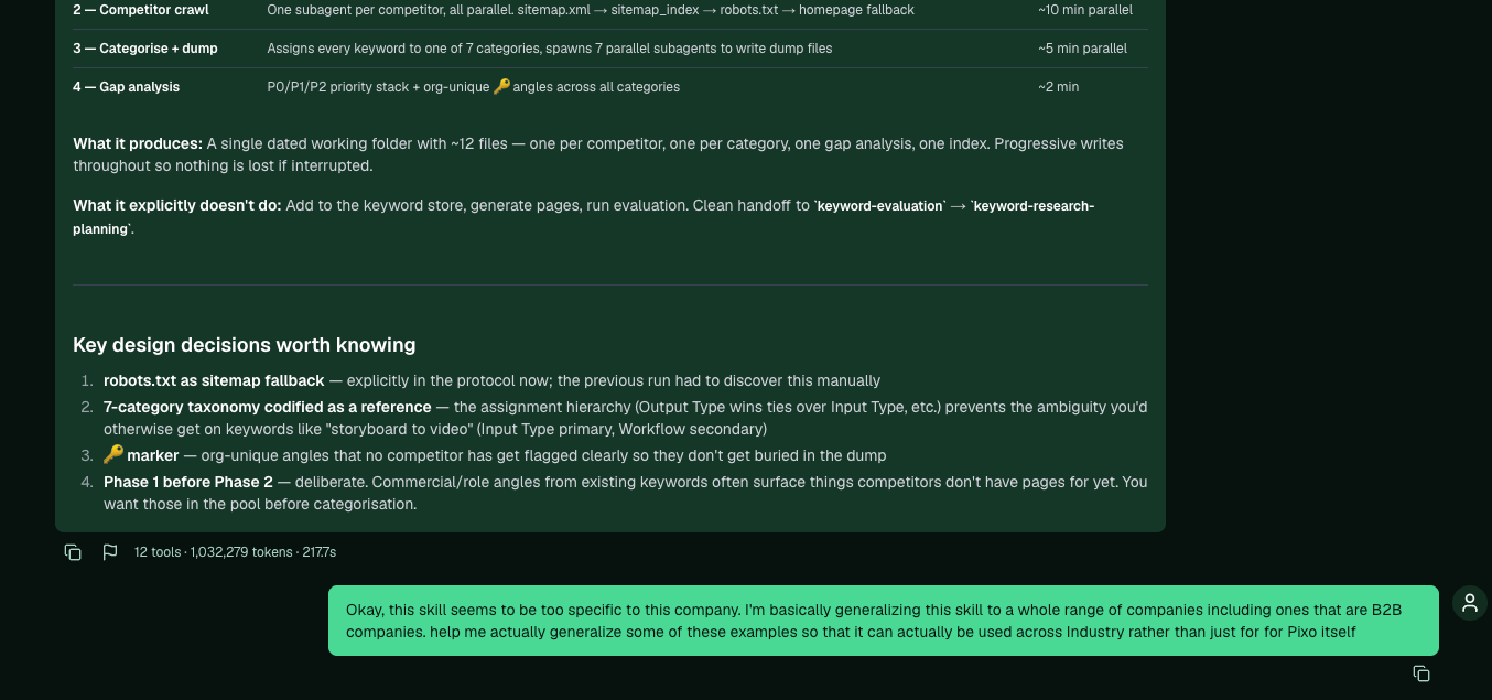 A skill protocol showing numbered phases with timings, a note on what it produces and what it hands off to, and a list of key design decisions, above a chat message asking Pi to generalise the skill across industries.