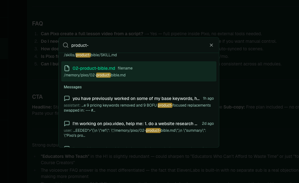 A content search box with the query product-, surfacing the product-bible markdown file in the account's memory folder.