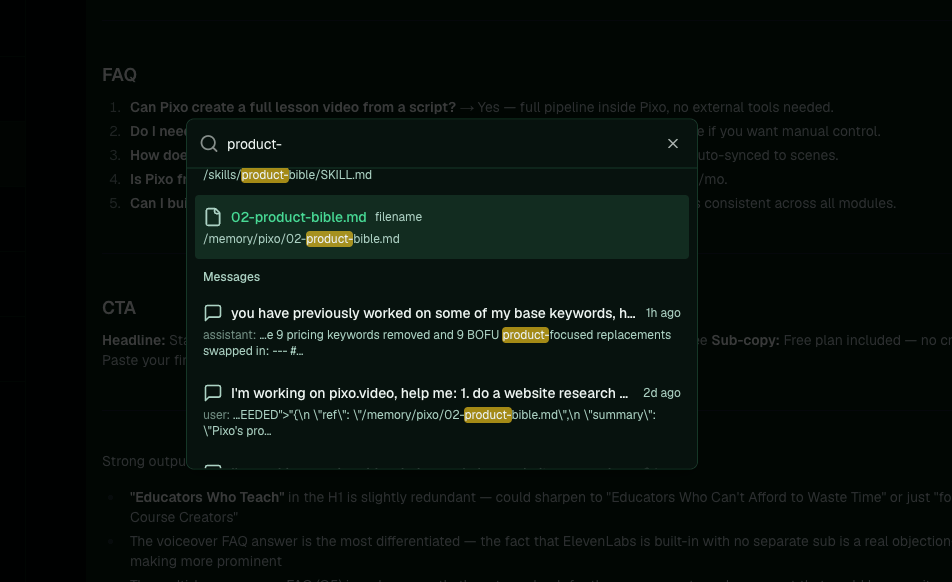 A content search box with the query product-, surfacing the product-bible markdown file in the account's memory folder.