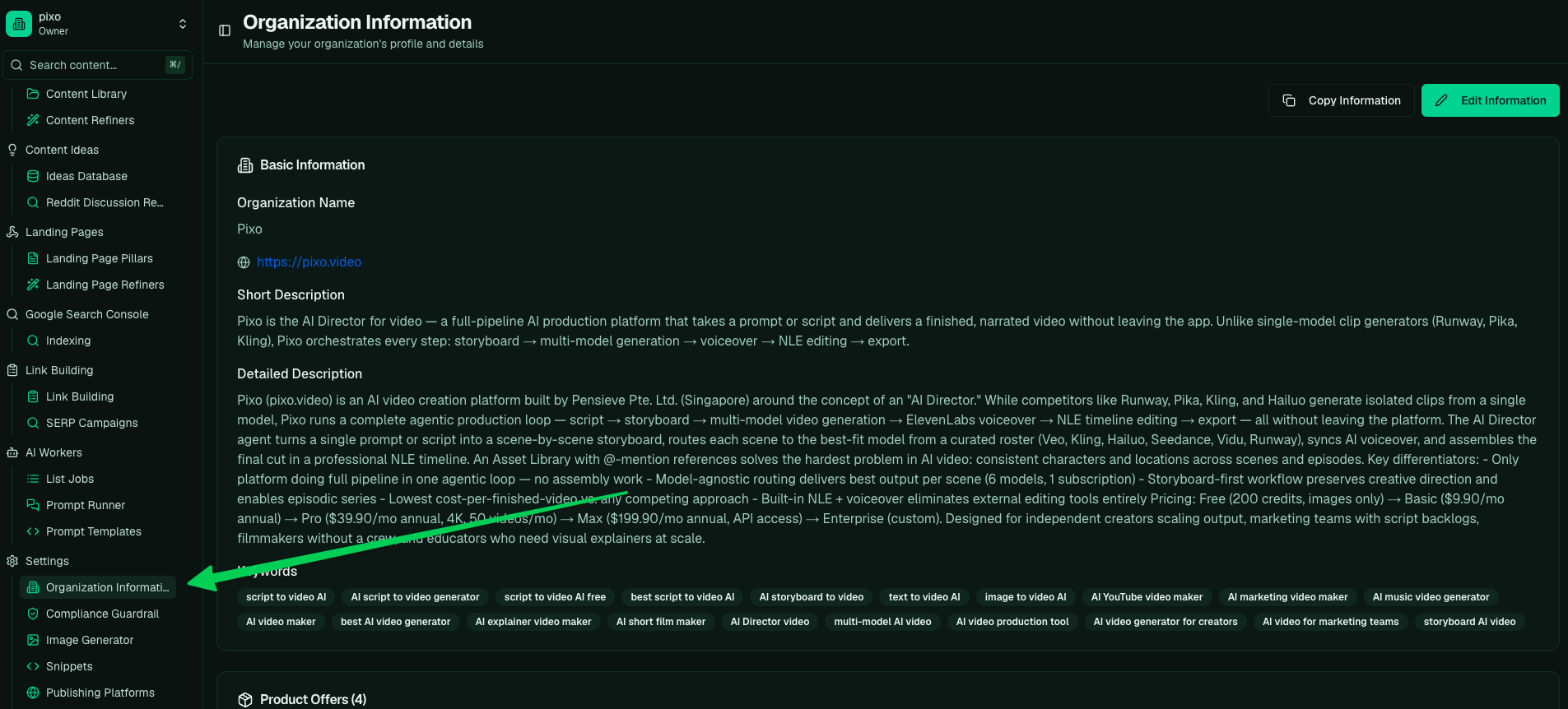 The Organization Information screen showing the org name, website, short and detailed descriptions, a set of keyword tags, and product offers, with an Edit Information button.