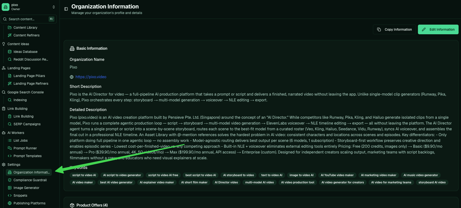 The Organization Information screen showing the org name, website, short and detailed descriptions, a set of keyword tags, and product offers, with an Edit Information button.