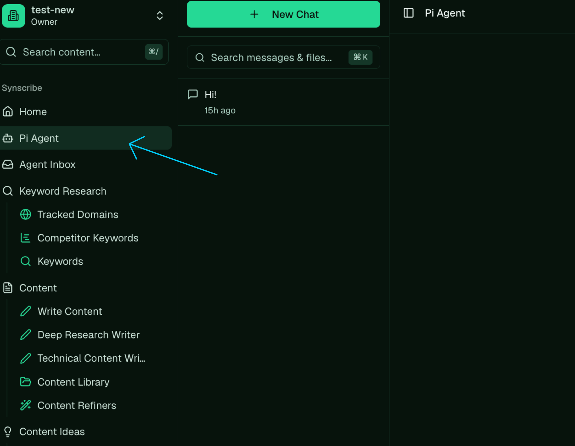 The Synscribe app with an arrow pointing to the Pi Agent item in the left sidebar.