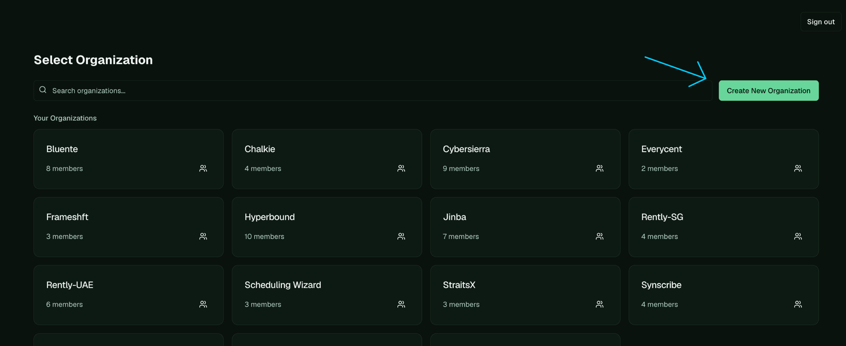 The Select Organization screen with an arrow pointing to the Create New Organization button.