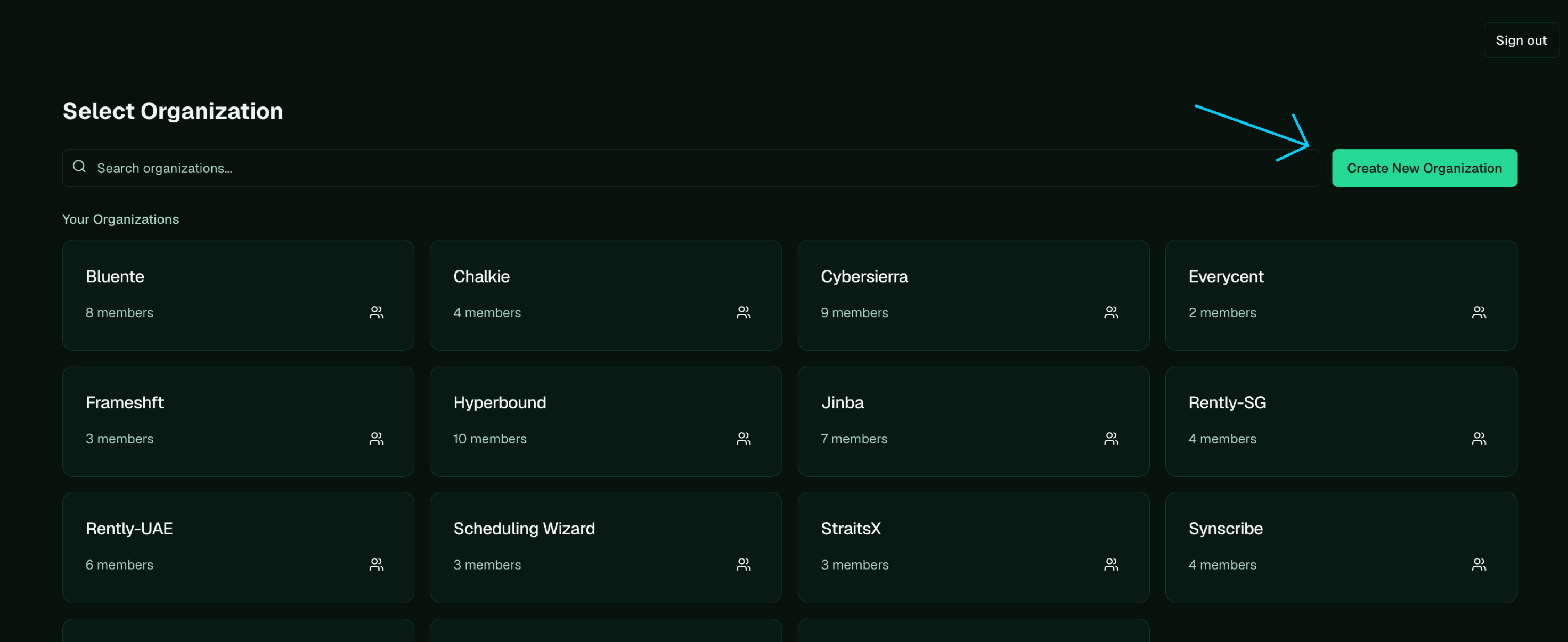 The Select Organization screen with an arrow pointing to the Create New Organization button.