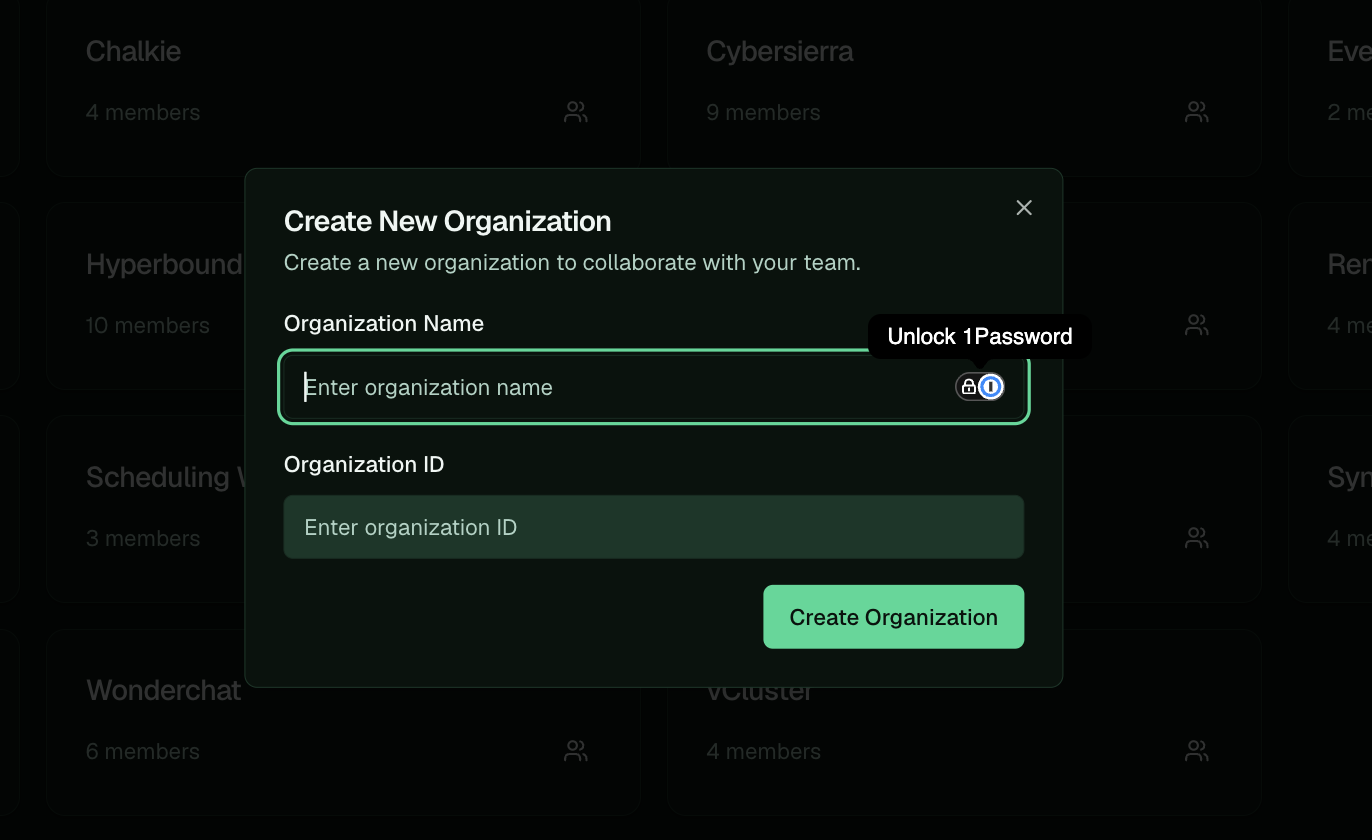 The create-organization form with a Name field and an auto-generated Organization ID.