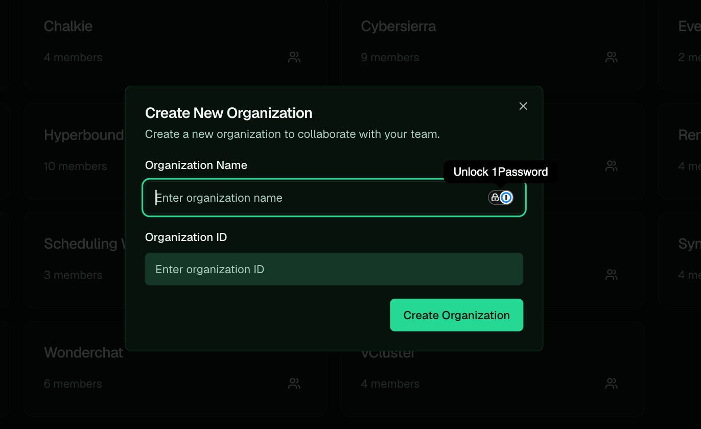 The create-organization form with a Name field and an auto-generated Organization ID.