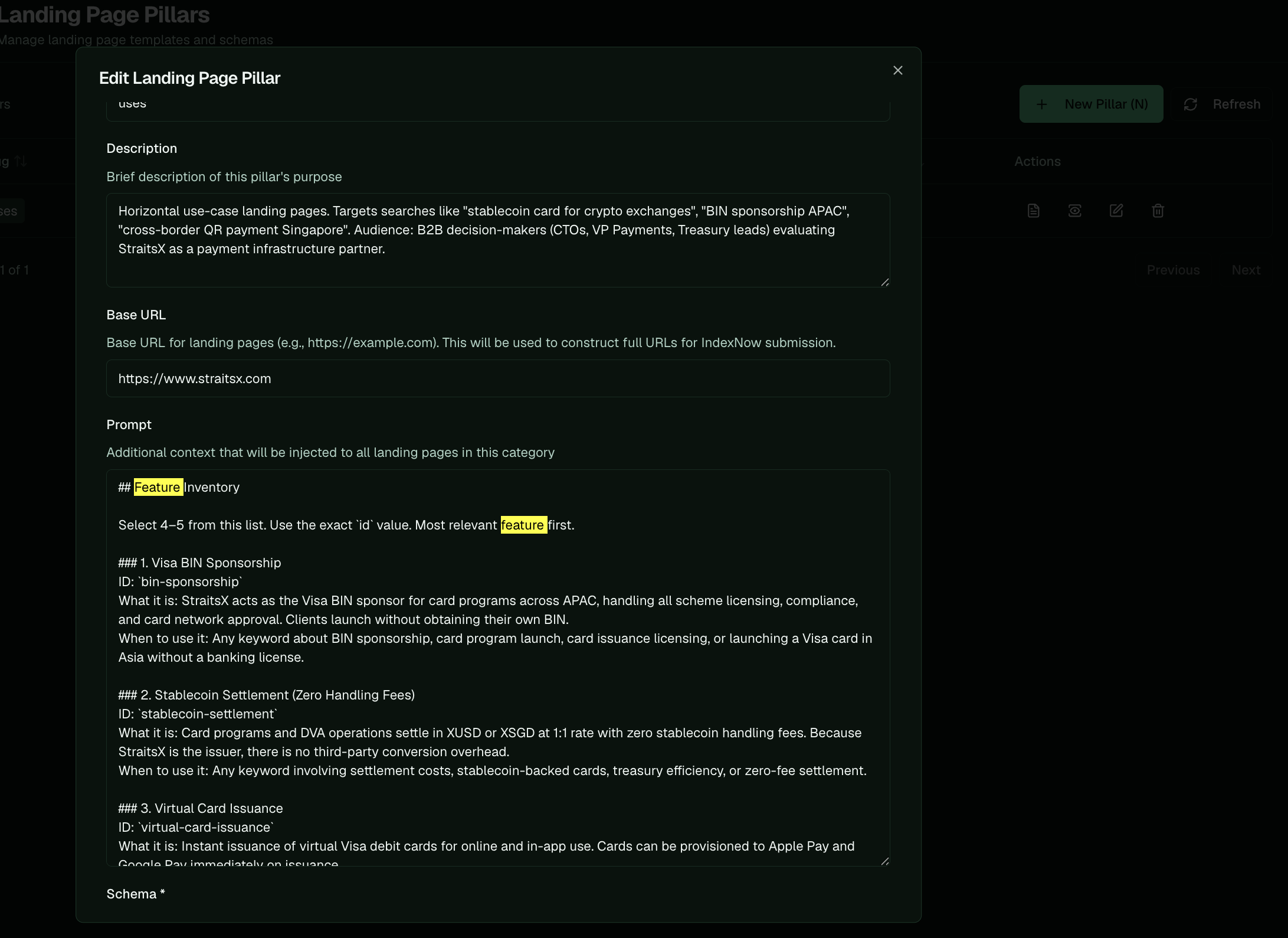 The Edit Landing Page Pillar panel with the Prompt field scrolled to a Feature Inventory list showing an id, a what-it-is, and a when-to-use for each feature.