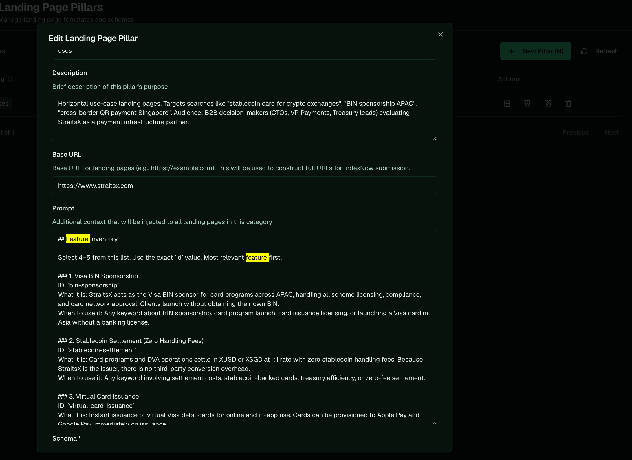 The Edit Landing Page Pillar panel with the Prompt field scrolled to a Feature Inventory list showing an id, a what-it-is, and a when-to-use for each feature.