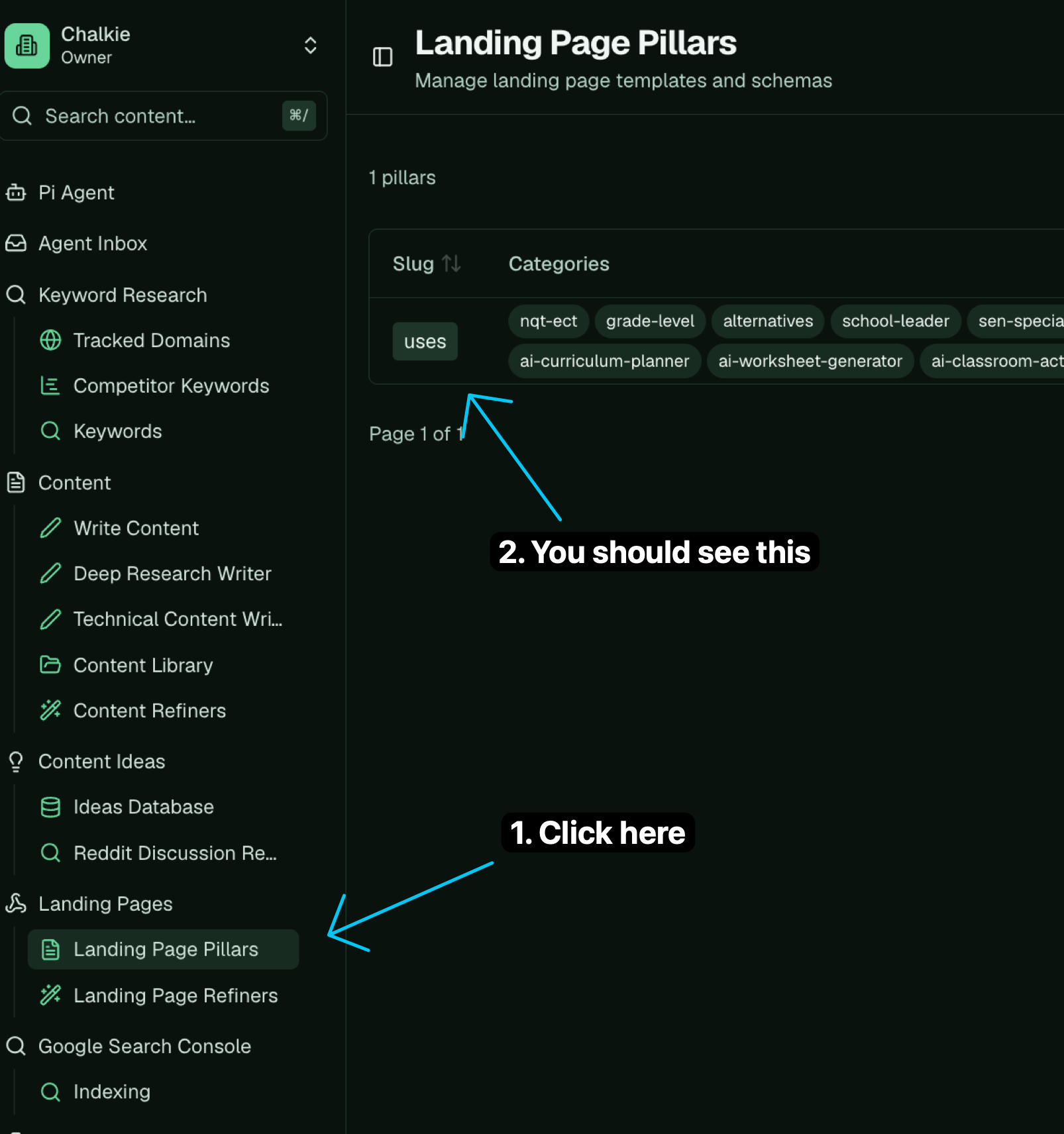 The Landing Page Pillars screen with a uses pillar row and its category chips, opened from the sidebar.