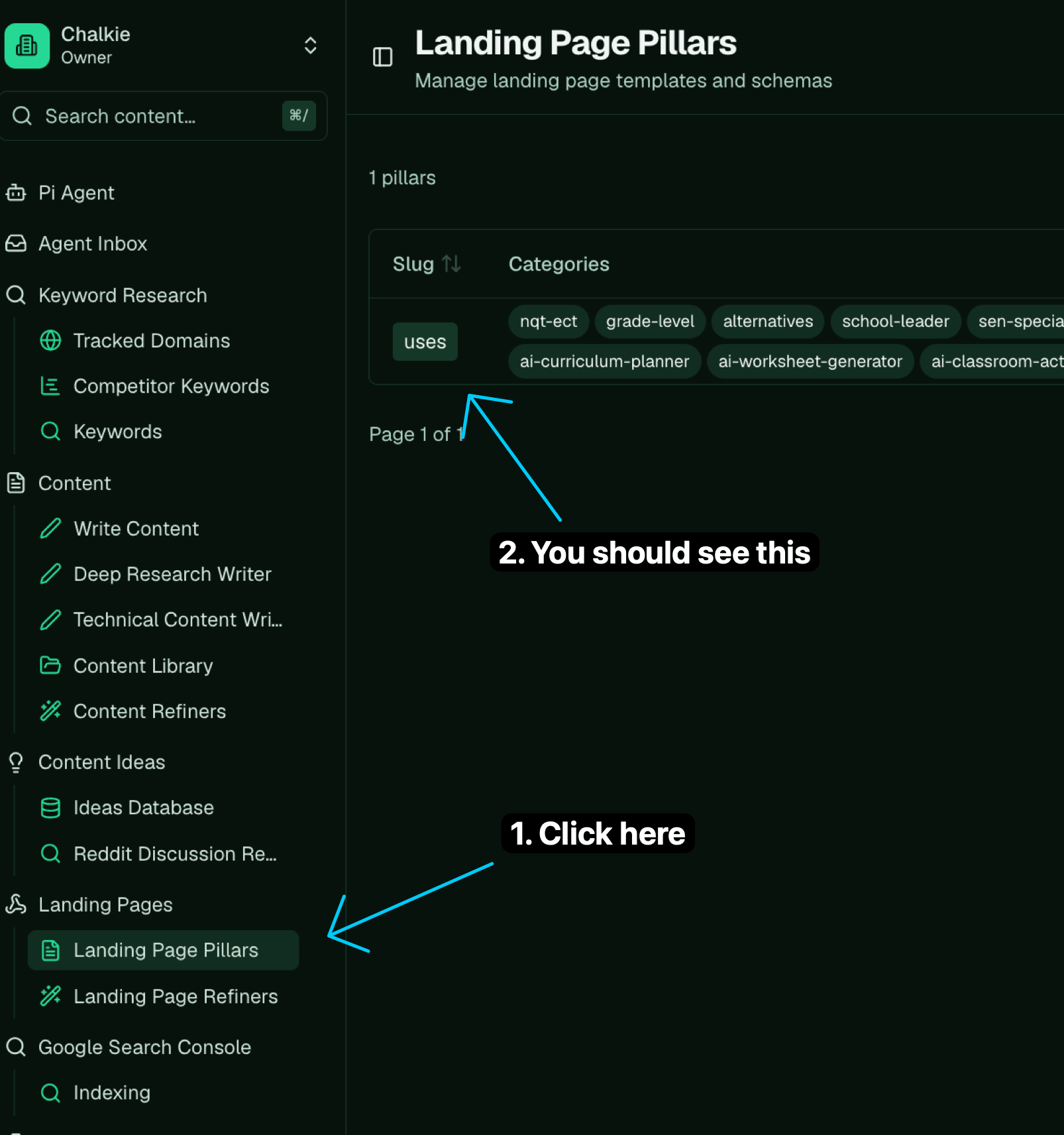 The Landing Page Pillars screen with a uses pillar row and its category chips, opened from the sidebar.