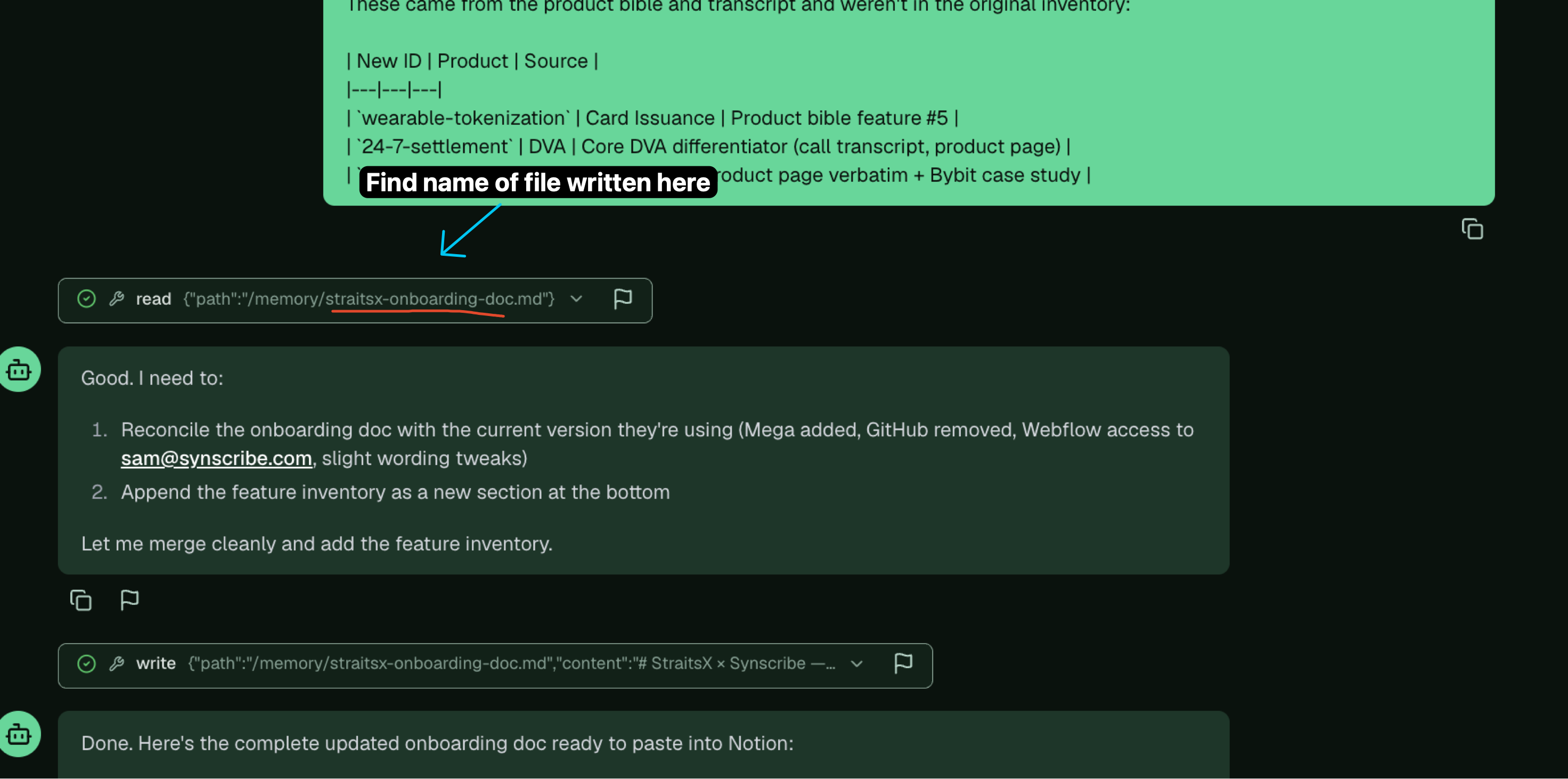 The Pi command palette open, searching for the onboarding document by name.