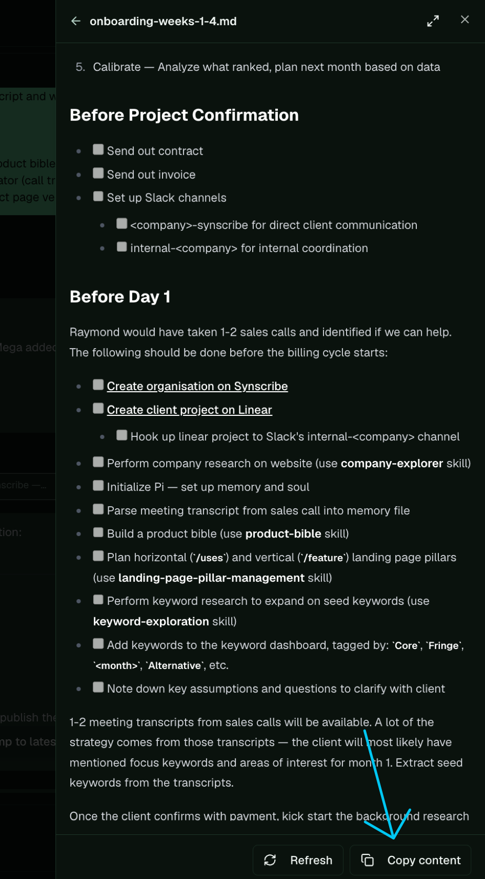 The onboarding document open in Pi's Files panel with a Copy content button at the bottom.