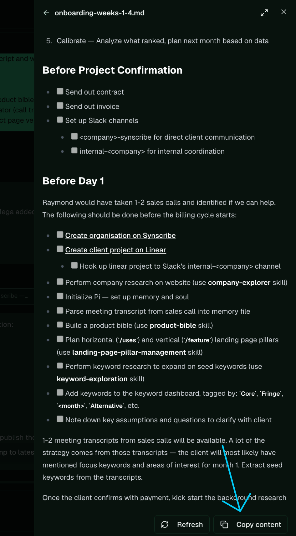 The onboarding document open in Pi's Files panel with a Copy content button at the bottom.