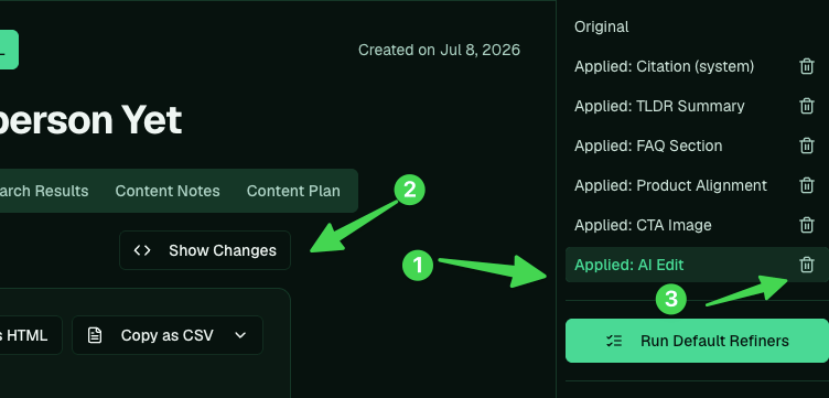 The layer stack with Show Changes and a delete control on the AI Edit layer