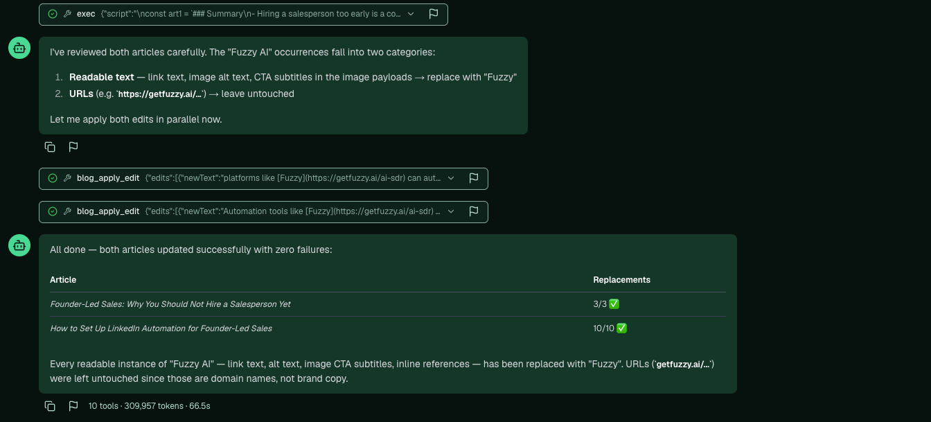Pi replacing the brand name across the article and reporting the replacements