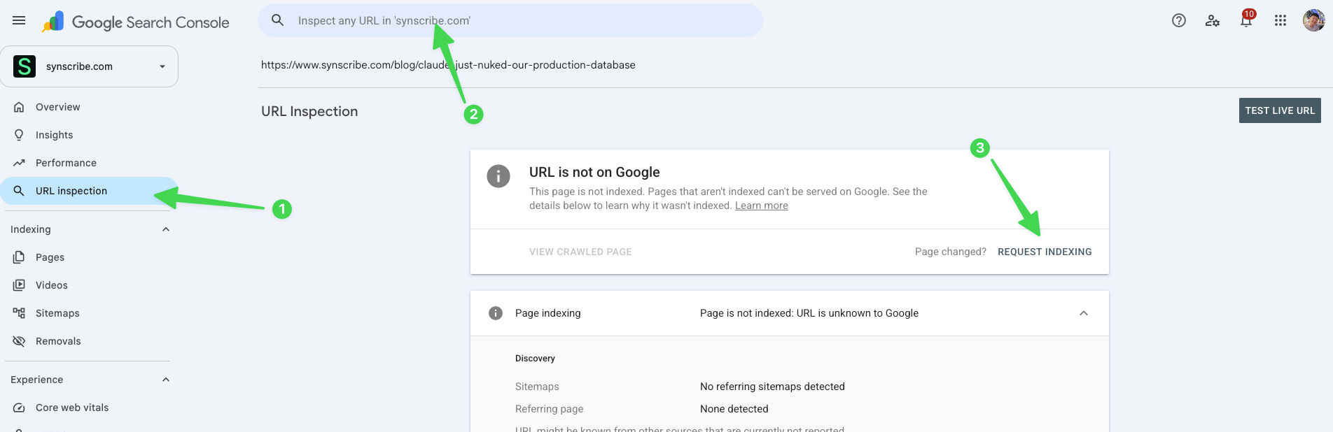 URL Inspection showing 'URL is not on Google' with the Request Indexing button
