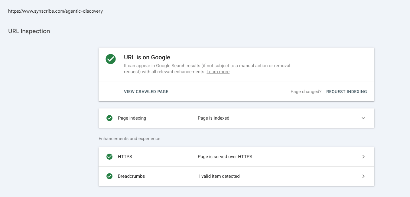 URL Inspection showing 'URL is on Google' and 'Page is indexed'