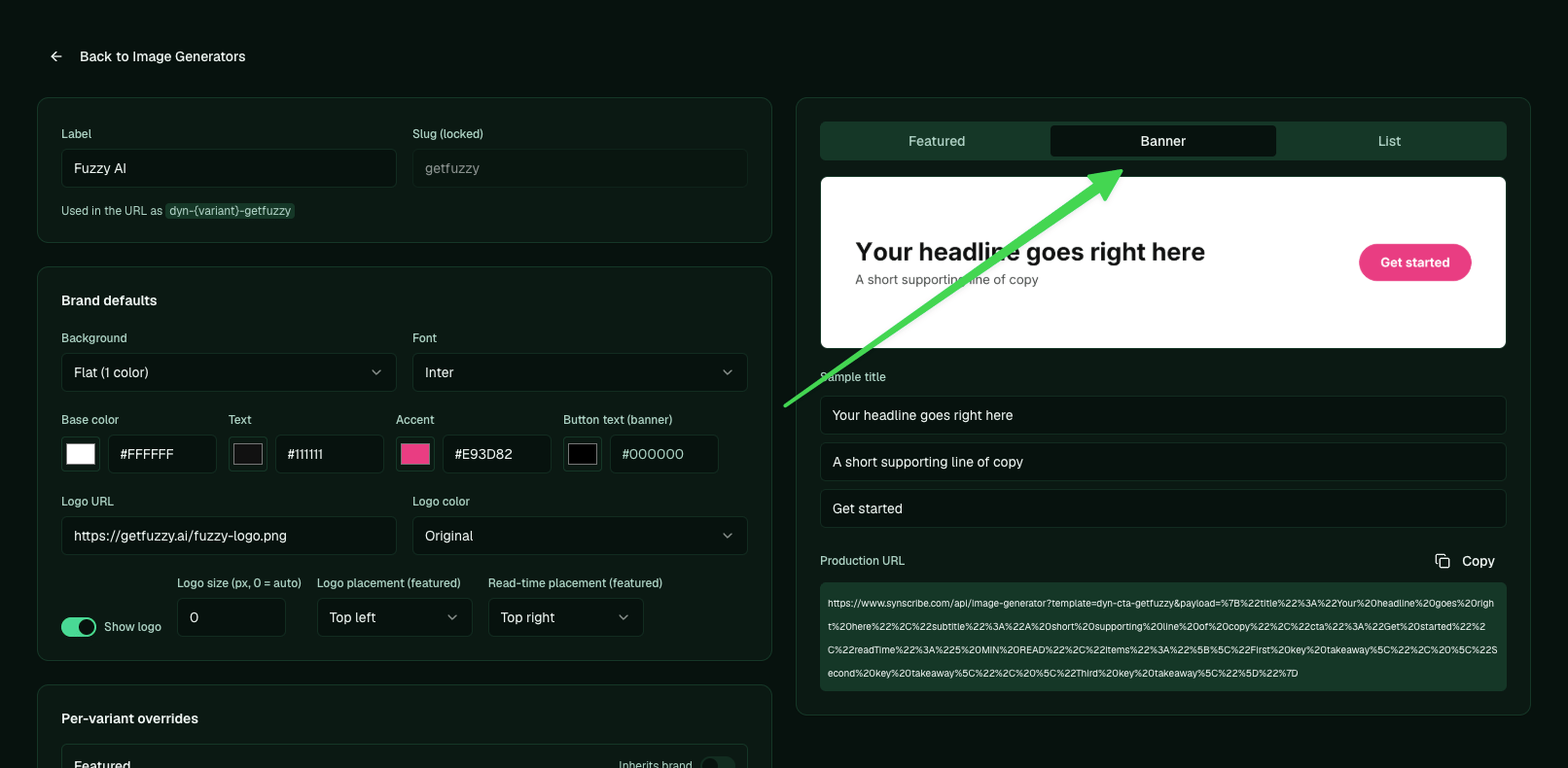 The Banner variant preview in the brand editor
