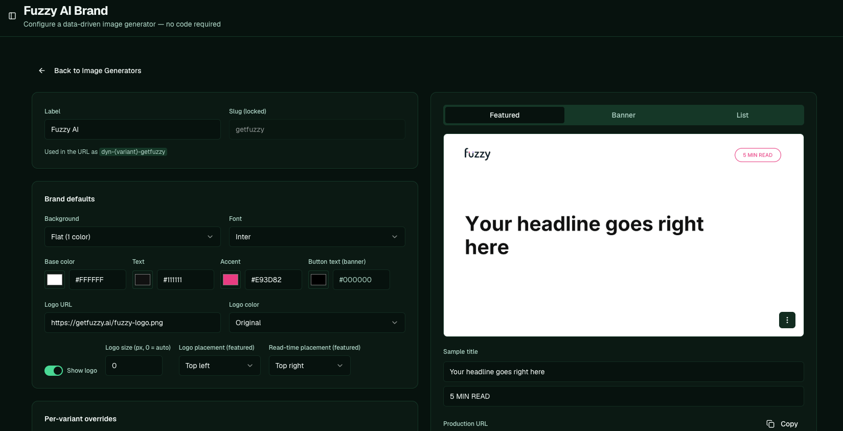 The brand editor with the Featured variant preview