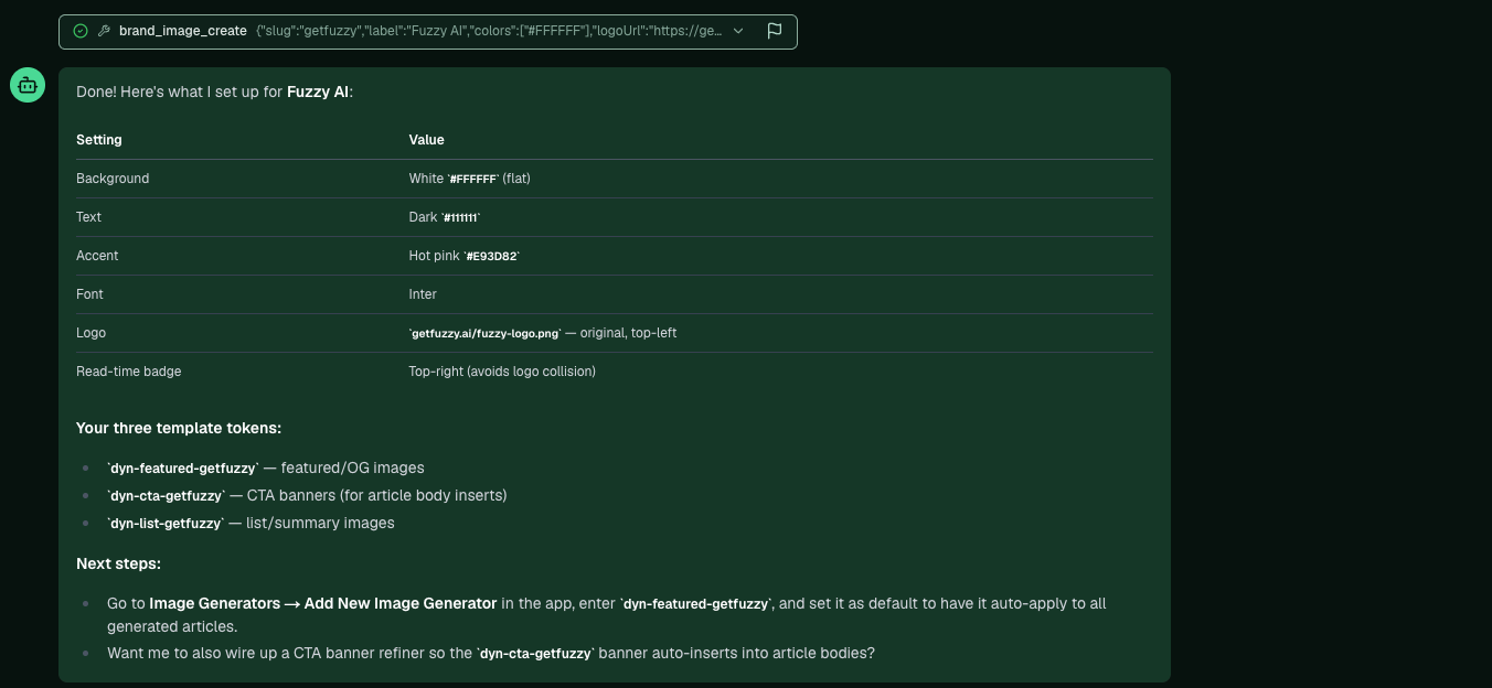 Pi's summary of the brand colors, font, logo, and template tokens it configured