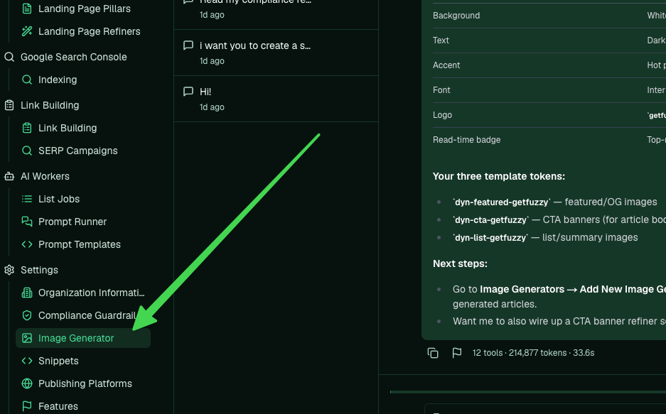 Image Generator in the left sidebar under Settings