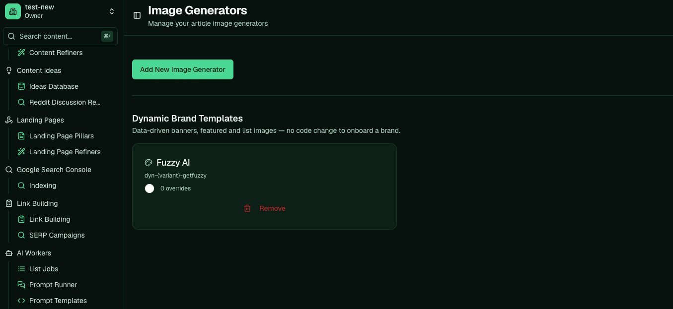 The Image Generators page with a saved brand template card
