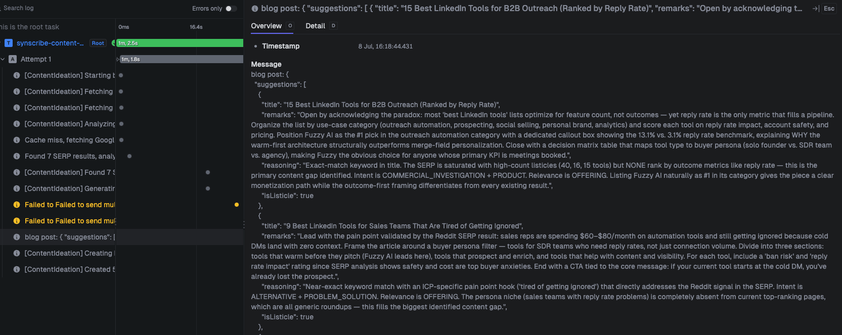 The engine analyzing the SERP and generating ideas with reasoning