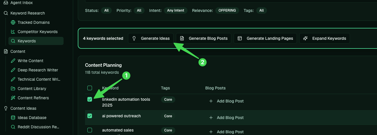 Selecting keywords in Content Planning and clicking Generate Ideas