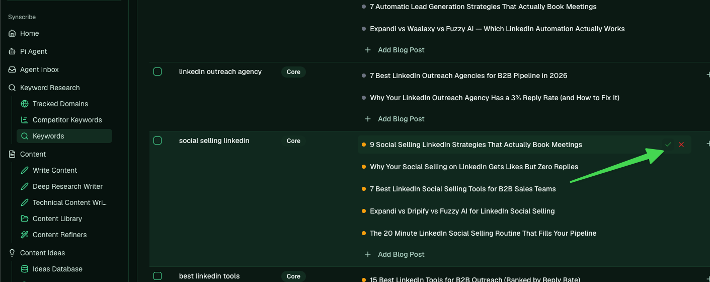 Keeping and rejecting generated ideas under a keyword