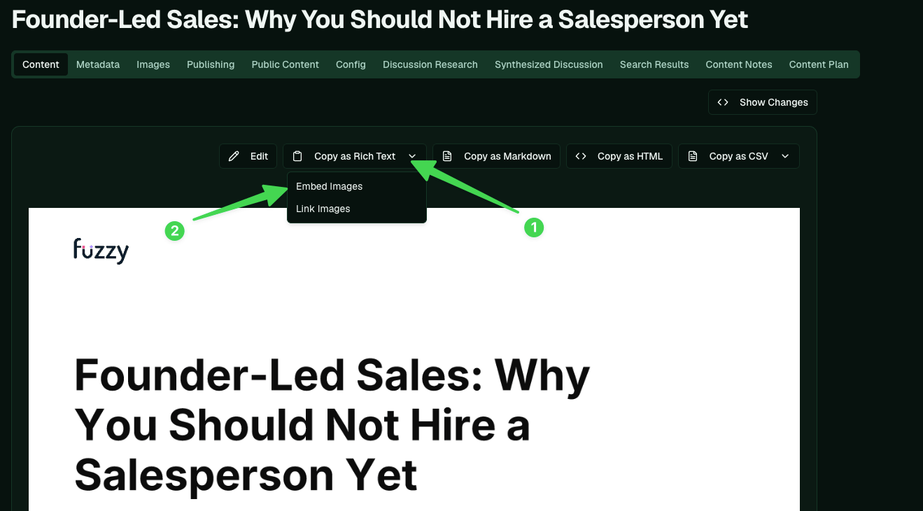 The copy buttons on the Content tab, with Rich Text and Embed Images