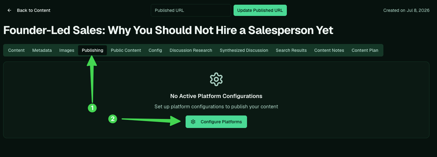 The Publishing tab with the Published URL field and Configure Platforms