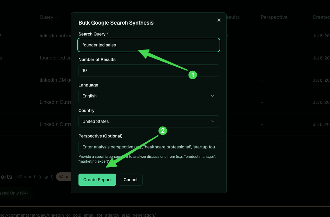 The Bulk Google Search Synthesis modal for creating a report