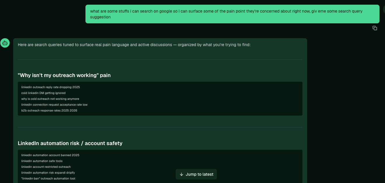 Pi's suggested Google search queries grouped by pain