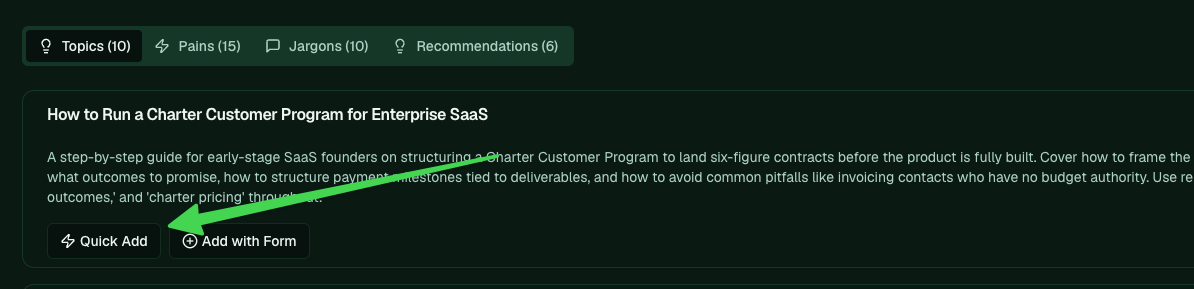 Quick Add on a topic in the report