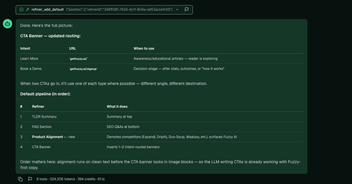 Pi's updated pipeline with CTA routing and a new product alignment refiner