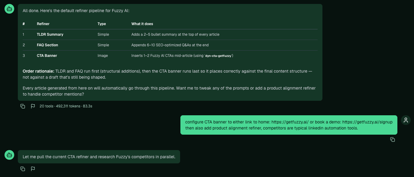 Pi's summary of the default refiner pipeline it created
