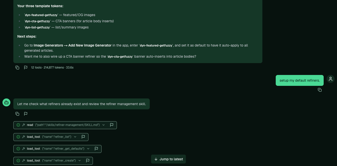 Asking Pi to set up the default refiners in a new chat