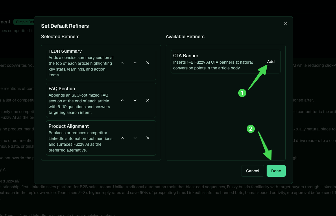 The Set Default Refiners modal with selected and available refiners