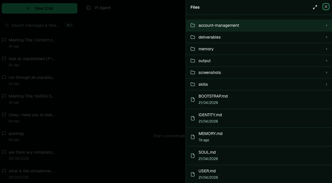 The Files panel listing folders such as memory, deliverables, and output, plus core files like MEMORY.md.